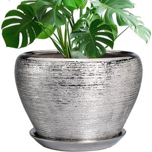Flower Pot - 10 Inch Planter with Drainage Hole and Saucer - Indoor/Outdoor Decorative Mid-Century Planter - Silver