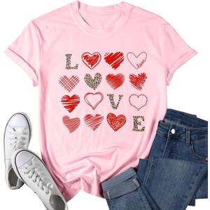 Valentine Day Shirt Women Leopard Love Heart Print T-Shirt Teachers Valentines Short Sleeve Tee Tops (Pink, S)