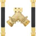 3/4 Inch Brass 2-Way Garden Hose Splitter Y-Shaped Hose Connector with 2 Anti-Kink Spiral Protectors, Heavy-Duty Metal Outdoor Faucet Splitter, Brass Handle Design, Garden Hose Adapter