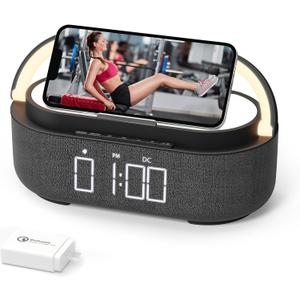 COLSUR Bluetooth Speaker with Wireless Charger, FM Radio, Dimmable LED Night Light, Stereo Sound Dual Wireless Speakers, 2500mAh Portable Speaker for Home Decoration, Bedroom, Office, Gift (Black)