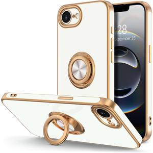 Hython for iPhone 16e Case with Ring Stand, 360 Rotatable Ring Holder Magnetic Kickstand, Plating Rose Gold Edge Soft Cover Protective Phone Case for iPhone 16e 6.1", White