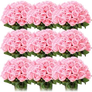 Jexine 100 Pieces Artificial Roses Flowers Bulk, Long Stem Realistic Fake Silk Roses Bouquet for Table Centerpiece Vases Wedding Party Kitchen Decor(Pink)