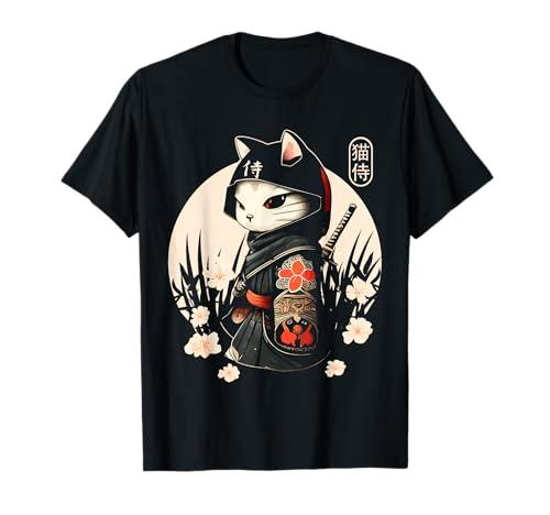 Japanese Samurai Cat Tattoo, Kawaii Ninja Cat T-Shirt, Large
