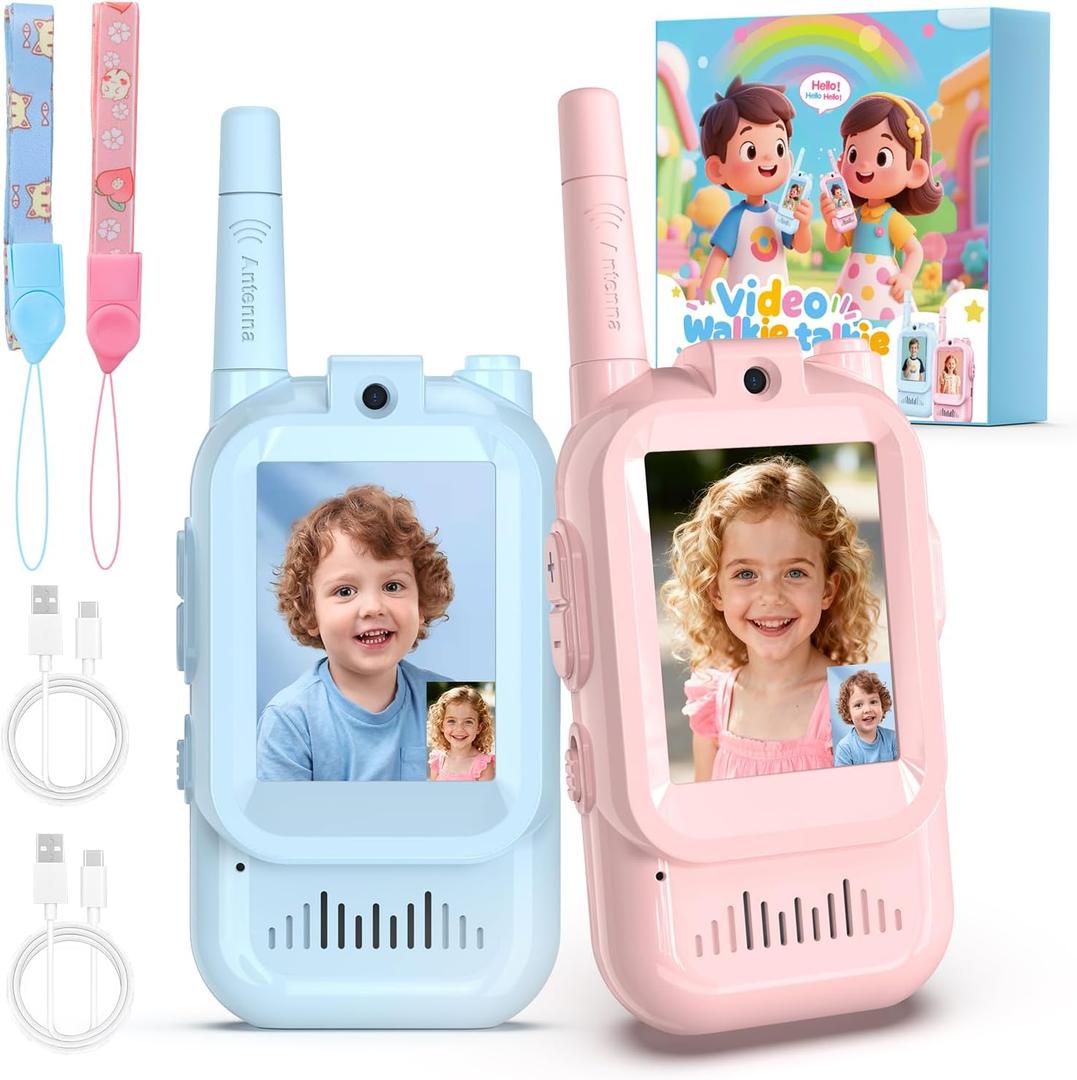 Video Walkie Talkies for Kids, 2 Pack Facetime Walkie Talkies with HD Camera & Voice Changer for Boys Girls for Family Games, Indoor, Outside, Hiking Christmas Birthday Toys Gift Ages 312 (Blue+Pink)