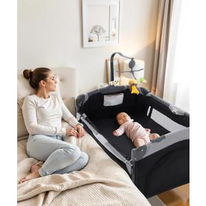 Soobaby 5 in 1 Baby Crib,Bedside Sleeper Bassinet,Pack and Play with Bassinet and Changing Table,Portable Travel Playpen Music Box,Portable Travel Crib for Infant Newborn (Black Gray)