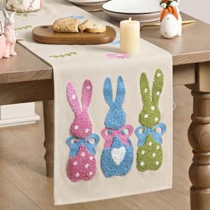 Artoid Mode Pink Blue Green Soft Chain Embroidery Rabbit Bunny Happy Easter Table Runner, Seasonal Spring Kitchen Dining Table Decoration for Home Party Decor 13x72 Inch