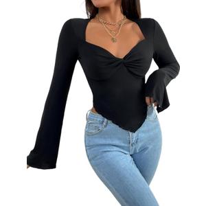 Avanova Women's Long Sleeve Square Neck Crop Top Twist Front Asymmetrical Shirt Black Large