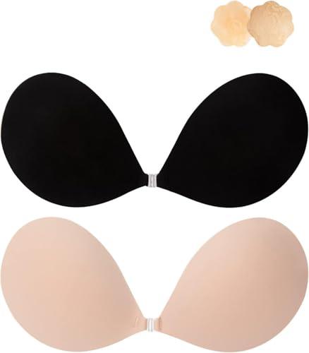 Awant Strapless Sticky Bra Invisible Silicone Adhesive Bra Backless Pushup Lift Beige and Black Cup Band D