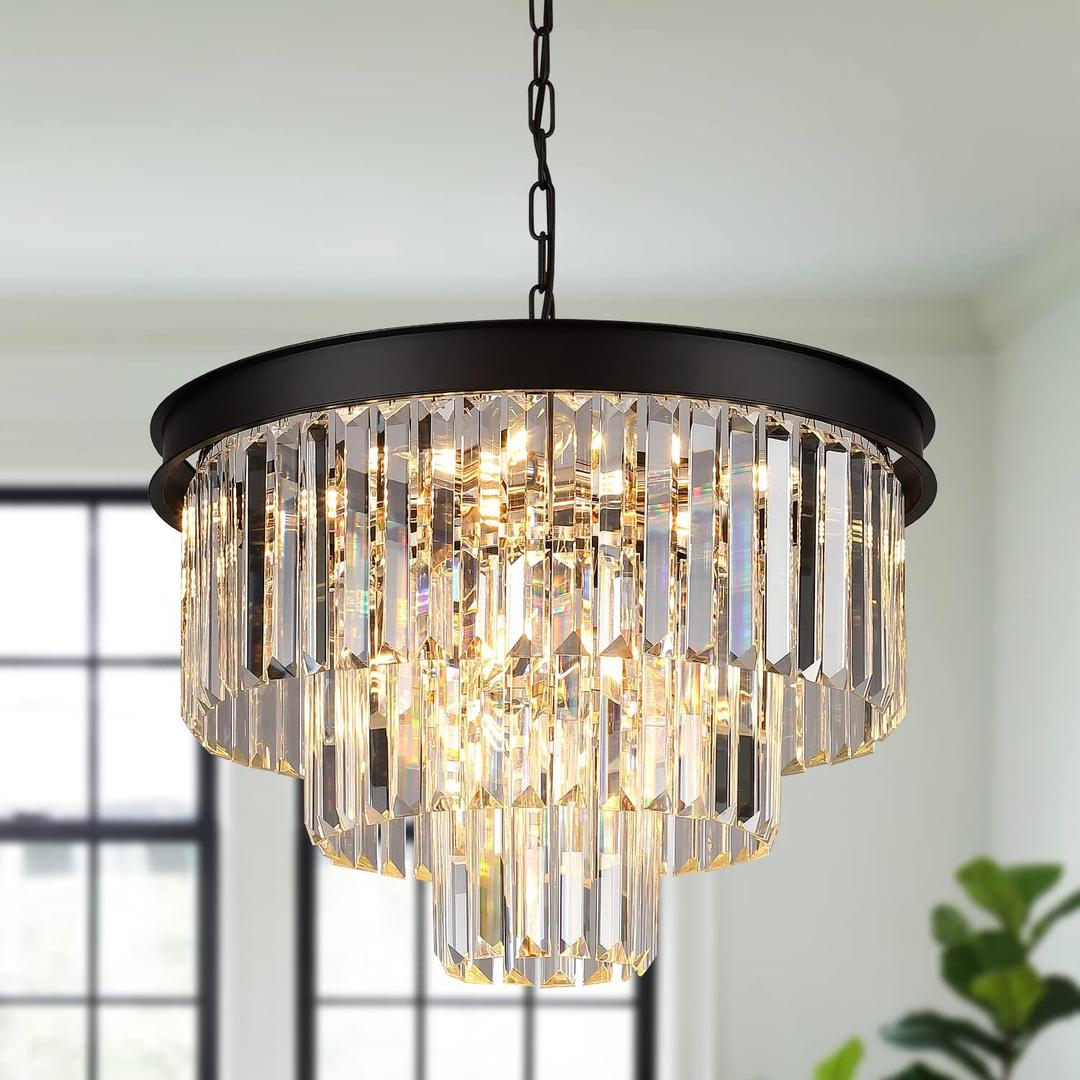 A AXILIXI Black Crystal Chandeliers Modern Round Chandeliers 20" Dimmable 9 Lights Ceiling Pendant Light Fixtures 3 Tiers Luxury Raindrop for Living Room Dining Room Bedroom Foyer