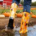 HSYAAMOO Women’s Tall Rain Boots, Waterproof PVC Garden Boots for Women, Non-Slip Floral Rain Shoes with Standard Calf Fit, Pull-On Handle – Orange Chicken Print, Size 7 Women