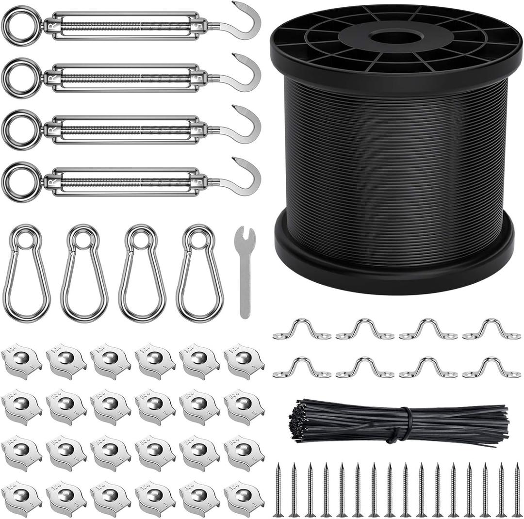 String Light Hanging Kit 160ft, 304 Stainless Steel Wire Rope Tension Wire for String Lights, 1/16 Globe String Lights Suspension Kit, Guide Wire for Outdoor String Lights with Hooks and Screws