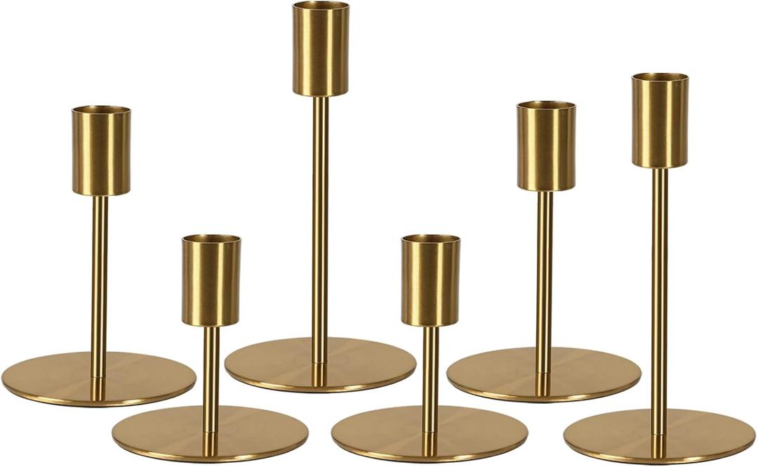 Brass Taper Candle Holders - Set of 6 Antique Brass Finish Candlestick Holder, Modern Rustic Metal Candlestick Holder for Wedding, Dining Table, Party Centerpiece