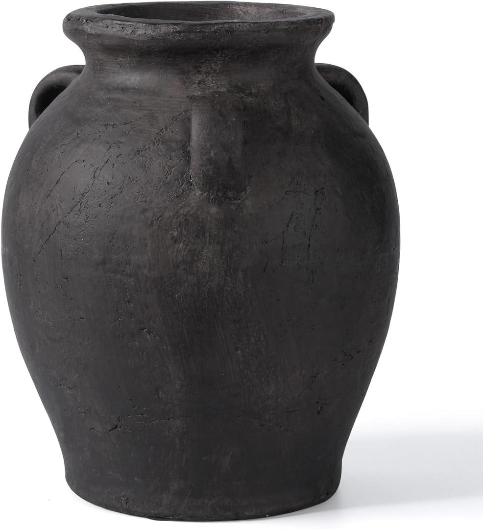 9.5'' Tall Black Terracotta Vase, Antique Black Ceramic Vase, Large Pottery Vases for Home Decor, Distressed Vintage Pottery with 3 Ear Design and Matte Finish