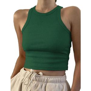 Artfish Women Casual Basic Sleeveless High Neck Rib-Knit Y2k Crop Tank Top (Small, 01# Dark Green)