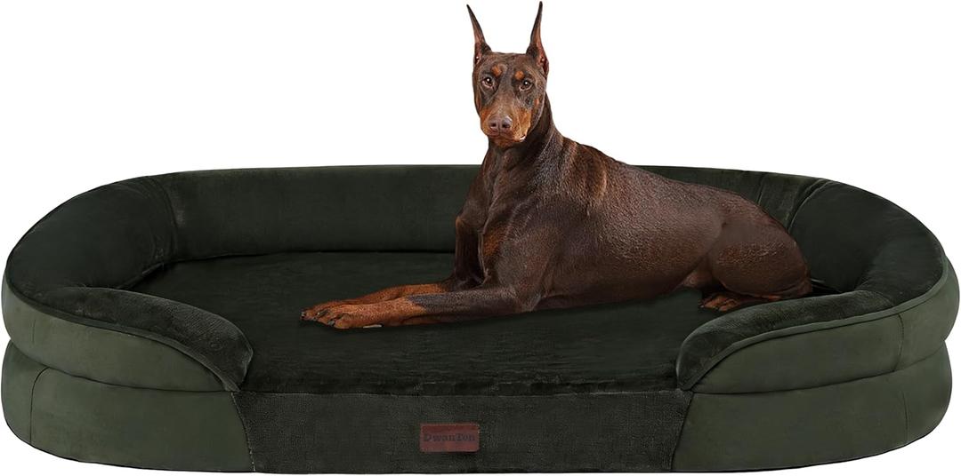 Dwanton Orthopedic Dog Bed for Extra Extra Large Dogs with Gel Memory Foam, Waterproof Dog Sofa, Washable Pet Bed with Four Sided Bolster Cushion, Removable Cover & Non-Slip Bottom, 48", Green