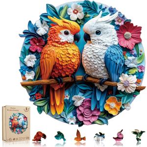 Bodhipnjoy Spring Flower Wooden Jigsaw Puzzle for Adults 500 Pieces, Parrots Jigsaw Puzzles, Bird Wood Puzzles Adult, Unique Shaped Fun Challenging Family, Home Decor 16.5" x 16.5"