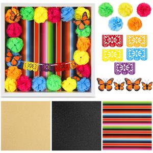 29 Pcs Day of the Dead DIY Shadow Box Craft Set Large 12 X12 Inch Ofrenda Memorial Shadow Box with Day of the Dead Banner Marigold Flowers Background Paper Simulation Butterflies (Multicolor)