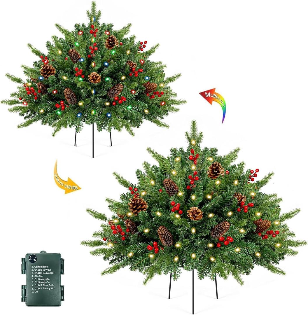 2 Pack 24 Inch Christmas Urn Filler, Dual Color Change & Timer Christmas Tree with Pinecones Red Berries Tripod Stake Battery Operated 8 Mode for Porch Outdoor Xmas Trees Christmas Decorations
