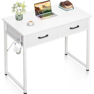 Casaottima 32 Inch Small Office Computer Desk with 2 Drawers & Headphone Hook - Compact Writing Desk for Home Office, Study or Work, Modern Space-Saving Design for Small Spaces, White