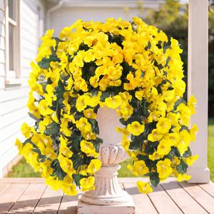 Sggvecsy Artificial Fake Hanging Flowers Plants for Outdoor Outside Spring Summer Decoration 2PCS Faux Silk UV Resistant Realistic Morning Glory Trailing Vines for Home Porch Patio Balcony(Yellow)
