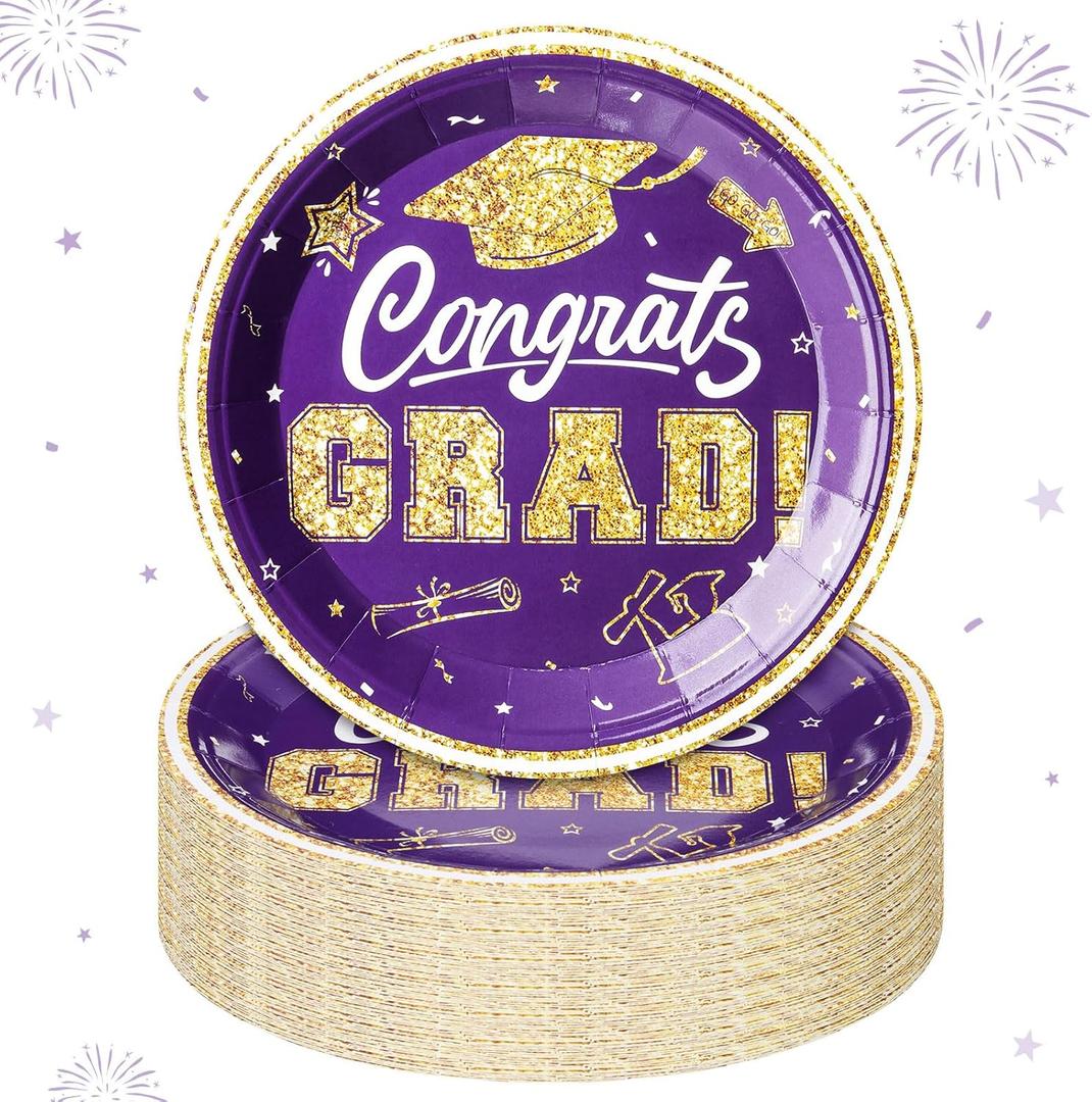 Sabary Purple Gold 100 Pcs 2026 Graduation Paper Dessert Plates Bulk 7 Inch Graduation Party Supplies Plates Class of 2026 Decorations Congrats Grad Plate Disposable Tableware (Classic)