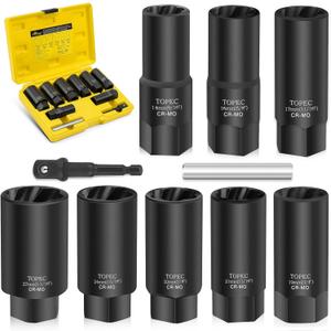 TOPEC 10PCS Deep Lug Nut Remover Heavy Duty, 1/ 2" Drive Impact Wheel Lock Removal Kit, Spiral Type Lug Nut Removal Tool for Removing Stripped, Broken, Damaged, Rounded Bolts, Nuts & Screws