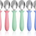 Pimoys 6-Pack Stainless Steel Toddler Spoons Baby & Kids Utensils for Self-Feeding Plastic Handle Dishwasher Safe