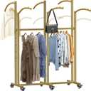 Floor Standing Metal Garment Rack, 6 Arms Clothing Display Rack with Wheels, Heavy Duty 48'' to 67'' Adjustable Height Retail Clothes Rack Rolling Shirt Rack for Hanging Clothes, Gold