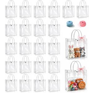 Nihaoya 24 Pcs Clear Gift Bags with Handles, Party Favor Clear Goodie Bag, 7.9 x 7.9 x 3.2 inches