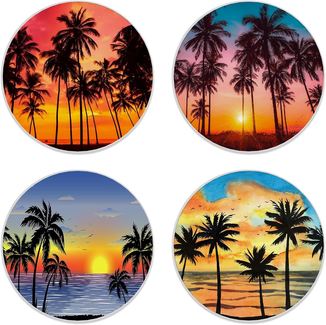 Coasters for Drinks, Set of 4 Absorbent Ceramic Coasters, Tropical Sunset Palm, Round, 4 Inches