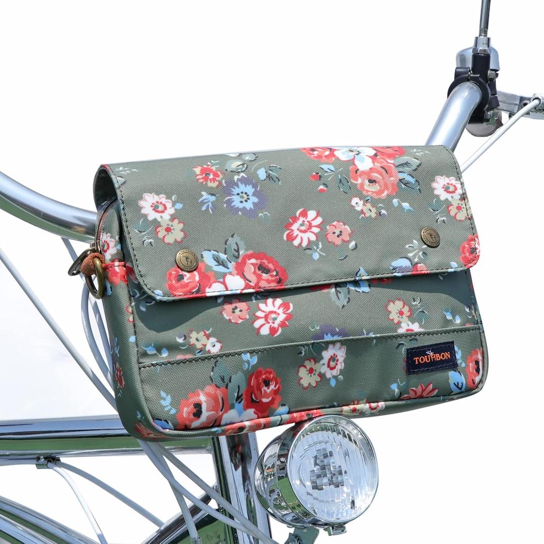 TOURBON Bike Bag Bicycle Handlebar Bag Zipper Closure Pouch Crossbar Front Frame Basket Cycling Saddebag Under Seat Strap-on Rear Rack Pannier (Green with Flower)