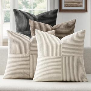 ANRODUO Pack of 4 Decorative Throw Pillows for Couch Neutral Gray 16x16 Inch Boho Cozy Soft Corduroy Cushion Covers Farmhouse Accent Pillowcases for Mid Century Summer Home Decor Sofa Bed Living Room
