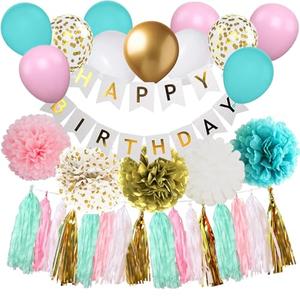 Wiletasz Teal Blue & Pink Teen Birthday Decorations, Teal & Pink Balloons, Banner, Tassels, Pompoms & Ribbon for Girls Women Teens Kids Parties