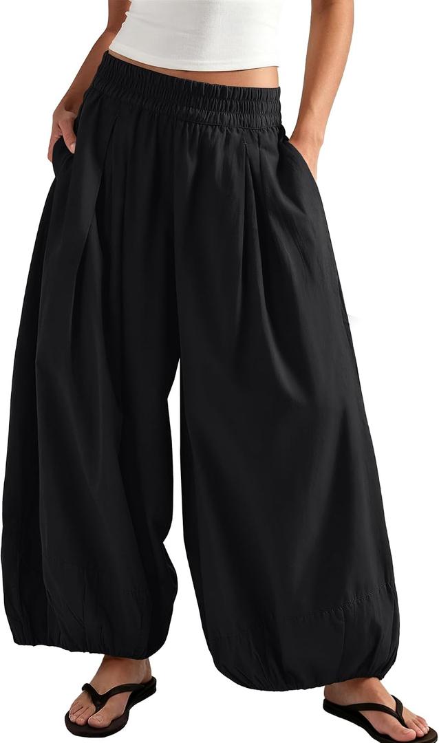 ReachMe Womens Elastic High Waist Wide Leg Barrel Pants Flowy Baggy Balloon Trousers Summer Beach Pants Vacation Outfits (Black, S)
