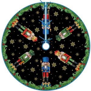 Nutcracker Black Christmas Tree Skirt, 48 Inches Lace-up Snowflake Holly Red Berries Xmas Tree Skirt, Winter Holiday Party Indoor Decoration Home Decor