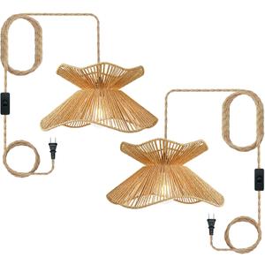 Bohemian Rattan Chandelier 19.7" Wide | Farmhouse Hemp Rope Braided Hanging Fixture | Double Layer DIY lampshade for Kitchen Island, Living Room, Bedroom & Hallway (Brown, 2 Pcs-15.7"-Plug in)