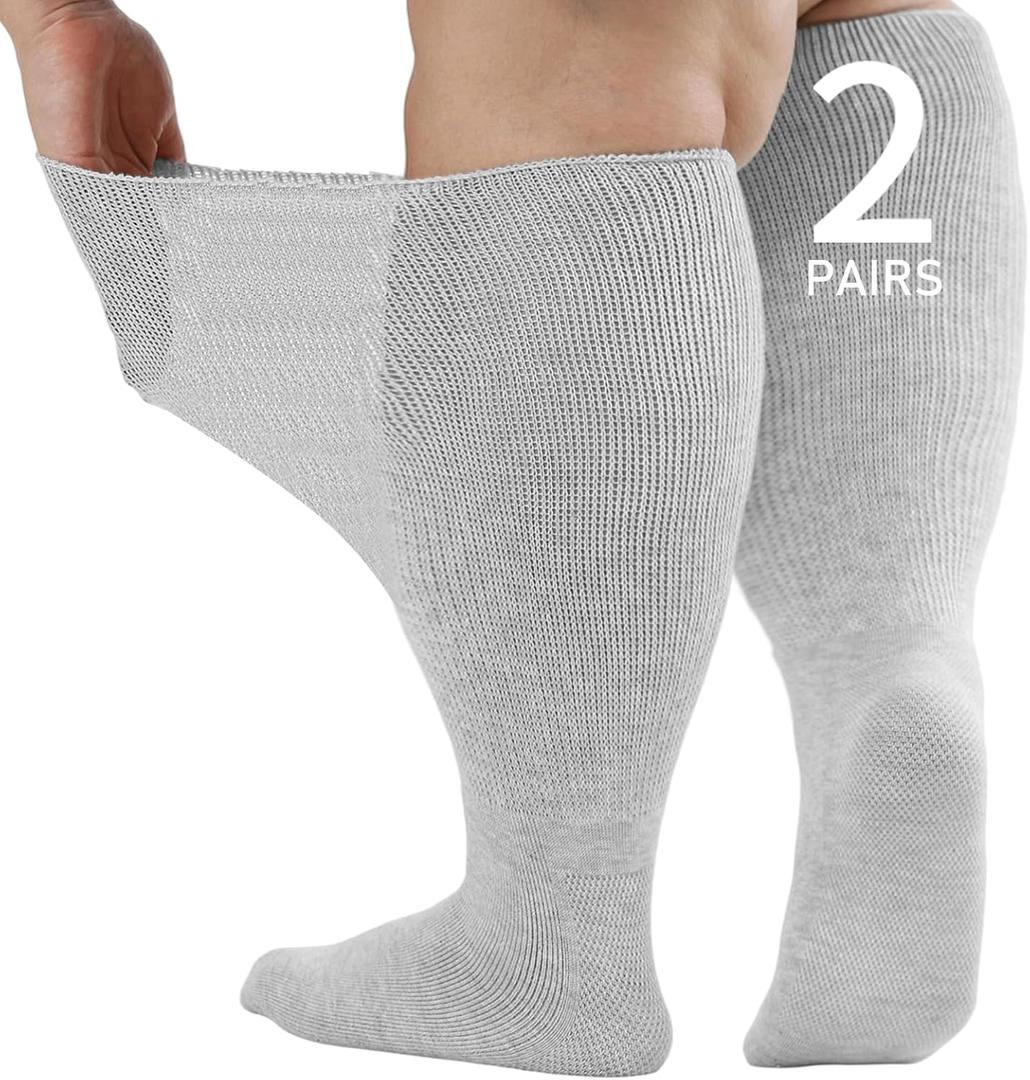Wide Diabetic Socks for Men Women Plus Size, Extra Long Edema Sock with Thickened Sole, Non-Binding Loose Fit Socks for Swollen Feet, Lymphedema - 2 Pairs Gray