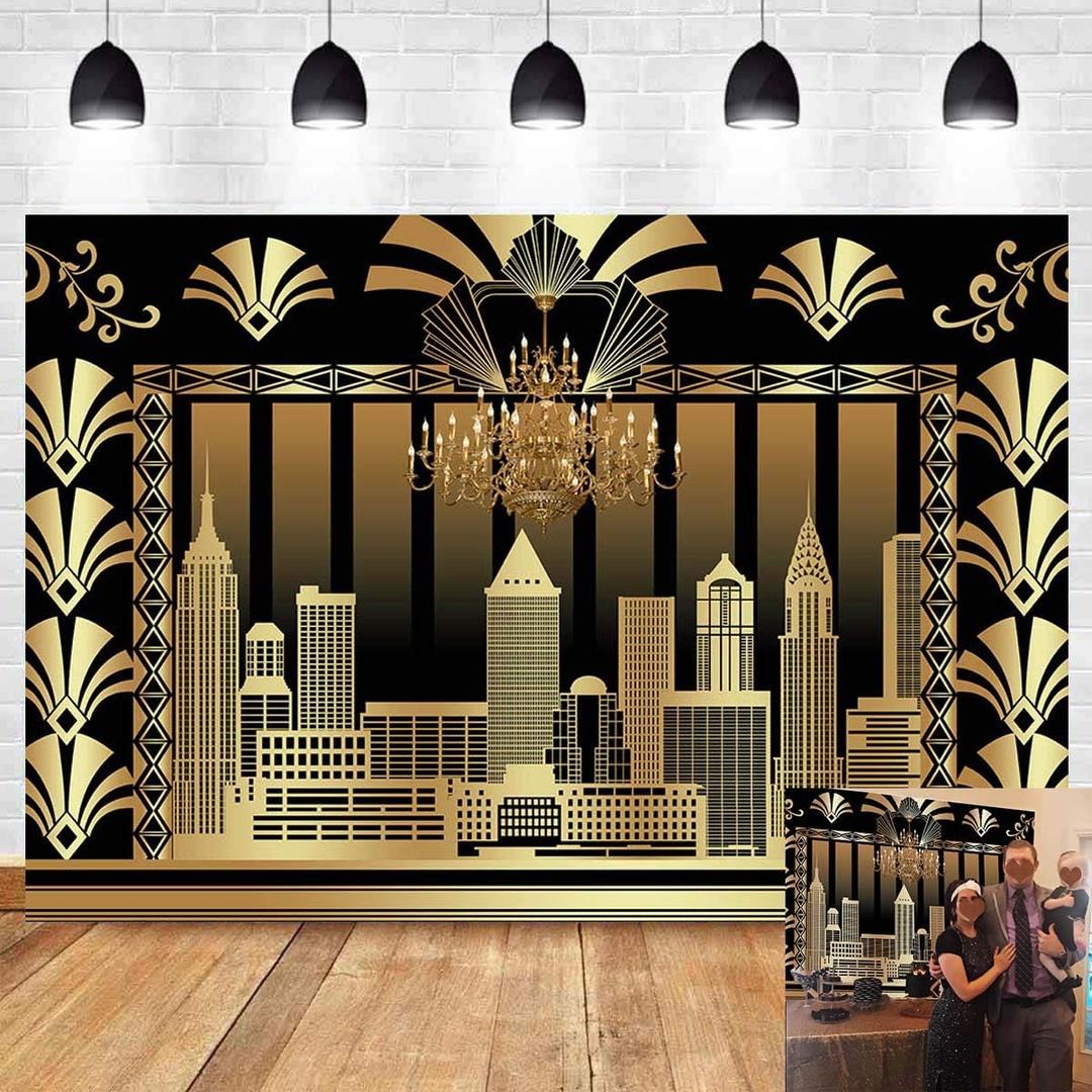 7x5ft The Great Gatsby Photography Backdrop Roaring 20's 20s Themed Backdrop Vintage Dance Black Gold Art Event Decoration Birthday Wedding Party Decoration Photo Background Booth Banner Supplies