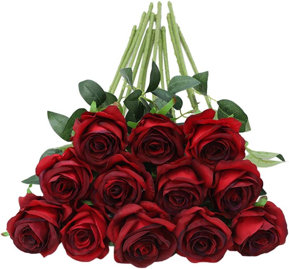 Tifuly 12pcs Red Roses Artificial Flowers,Realistic Long Stem Fake Silk Roses Bouquet for Party Home Wedding Centerpiece Office DIY DecorBurgundy