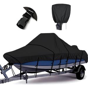 Tuszom 1200D 100% Waterproof Center Console Boat Cover with Motor Cover, Tear-Proof Trailerable Boat Cover for Center Console Boat with 13-19 Windproof Straps (Black, 16' - 18.5''L, UP to 98" W)