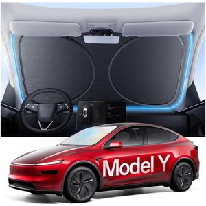 Windshield Sun Shade for Tesla Model Y 2020-2026 (Juniper), 100% UV Block & Heat Insulation, Custom Fit Sunshade, Foldable Car Sunshade with Storage Bag, Protect Interior Accessories