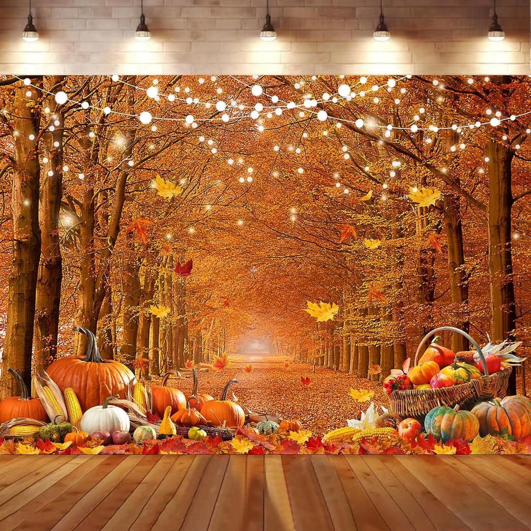 7x5ft Fall Photo Backdrop Autumn Maple Forest Leaves Pumpkin Background Fall Thanksgiving Day Friendsgiving Party Farm Harvest Event Birthday Decorations Banner