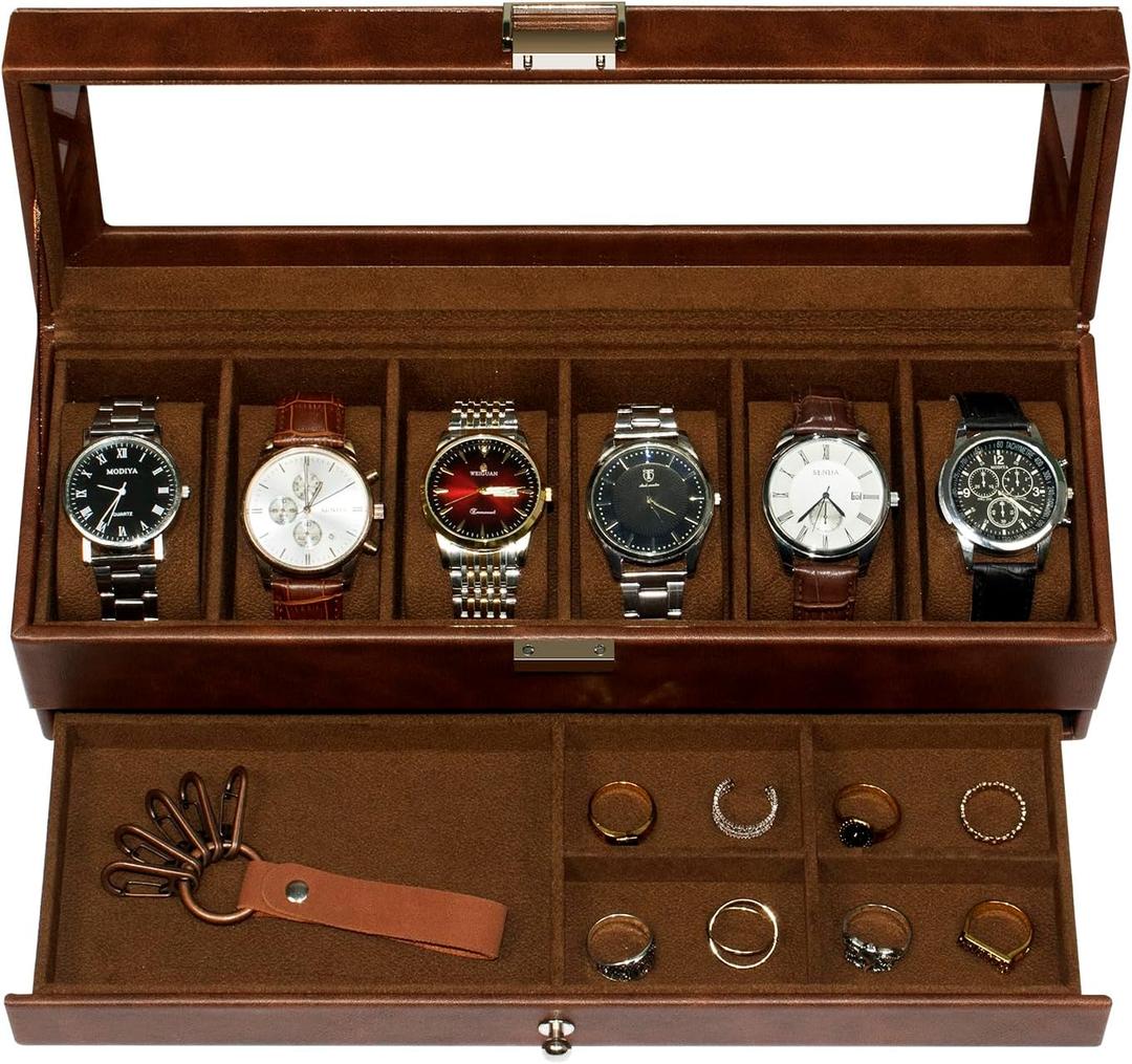 Watch Box, 6 Compartment Watch Display Box with Drawers, Men's Watch Box with Glass Lid, 2 Tier Jewelry and Watch Organizer, Unisex Watch Rack Organizer
