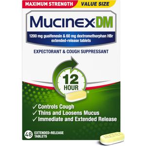 Mucinex DM 12Hr Maximum Strength Chest Congestion & Cough Medicine for Adults, Cold and Cough Medicine for Excess Mucus Relief, 1200 mg Guaifenesin & 60 mg Dextromethorphan HBr, 48 Bi-Layer Tablets