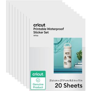 Cricut Printable Waterproof Sticker Set, 20 White Sheets (8.5" x 11") - Compatible with Inkjet Printers - For Joy Xtra, Explore, & Maker Machines