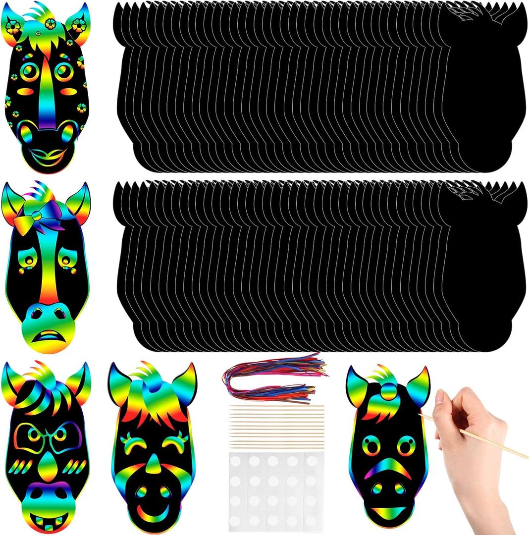 Hungdao 80 Pcs Horse Craft for Kids Horse Face Scratch Cards Colorful Rainbow Western Cowboy Scratch Paper Art with Wooden Stylus for Western Theme Birthday Party Classroom DIY Activities Hungdao 80 Pcs Horse Craft for Kids Horse Face Scratch Cards Colorful Rainbow Western Cowboy Scratch Paper Art with Wooden Stylus for Western Theme Birthday Party Classroom DIY Activities