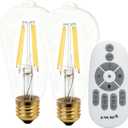 Dimmable LED Light Bulbs with Remote, E26 Base Remote Control Light Bulb Dimmable 2700K-6000K, ST64 Vintage Edison Bulbs for Lamp, 2 Pack (2 Bulbs+1 Remote)