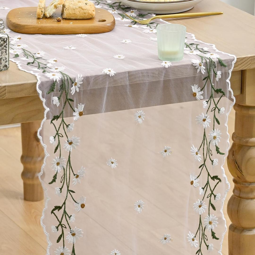 Artoid Mode Daisy Floral Light Pink Shaped Gauze Embroidery Table Runner 120 Inch 10FT, Tulle Spring Summer Kitchen Dining Table Decor for Home Party, 16" x 120"