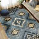 Area Rug 6x9 Rug Machine Washable Rug Non-Slip Low Pile Print Pattern Western Rug for Living Room Bedroom Entryway Tribal Series -Navy/Grey