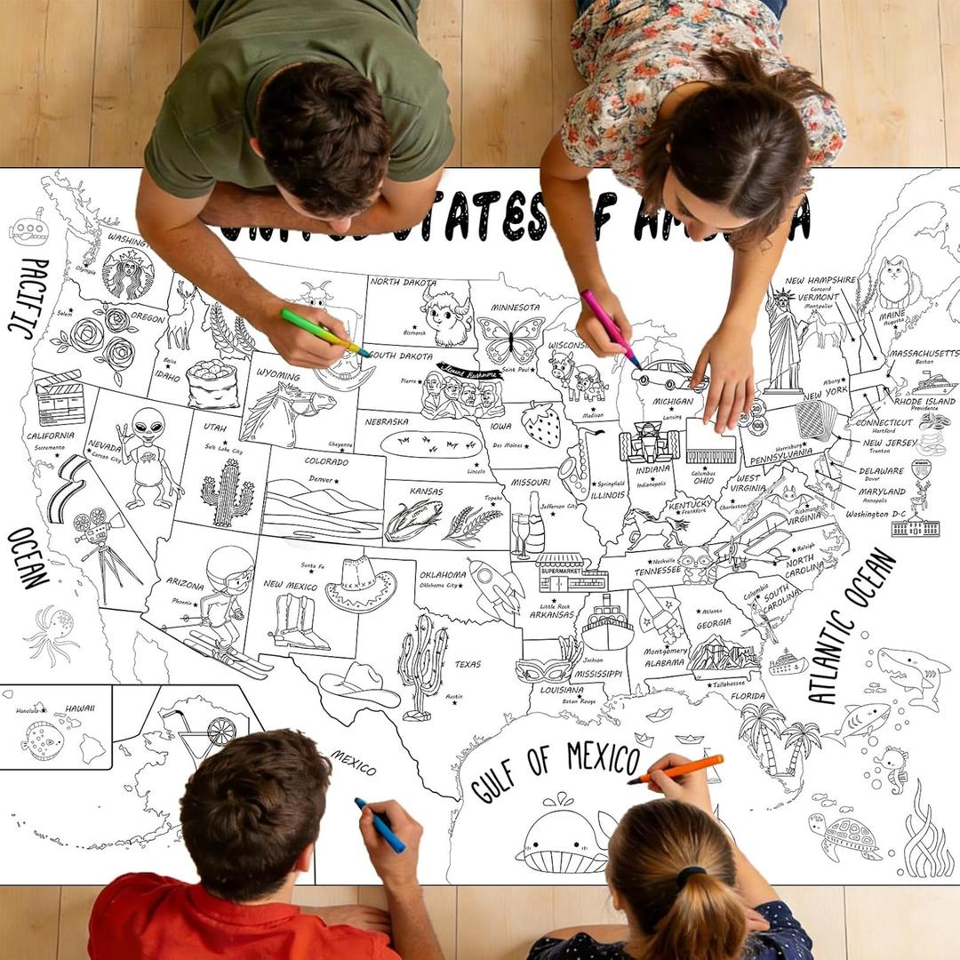 Naozinebi US Map Coloring Poster for Giant Coloring Poster Large US States Map Coloring Tablecloth Jumbo Coloring Books for Home Birthday Party Supplies Favor
